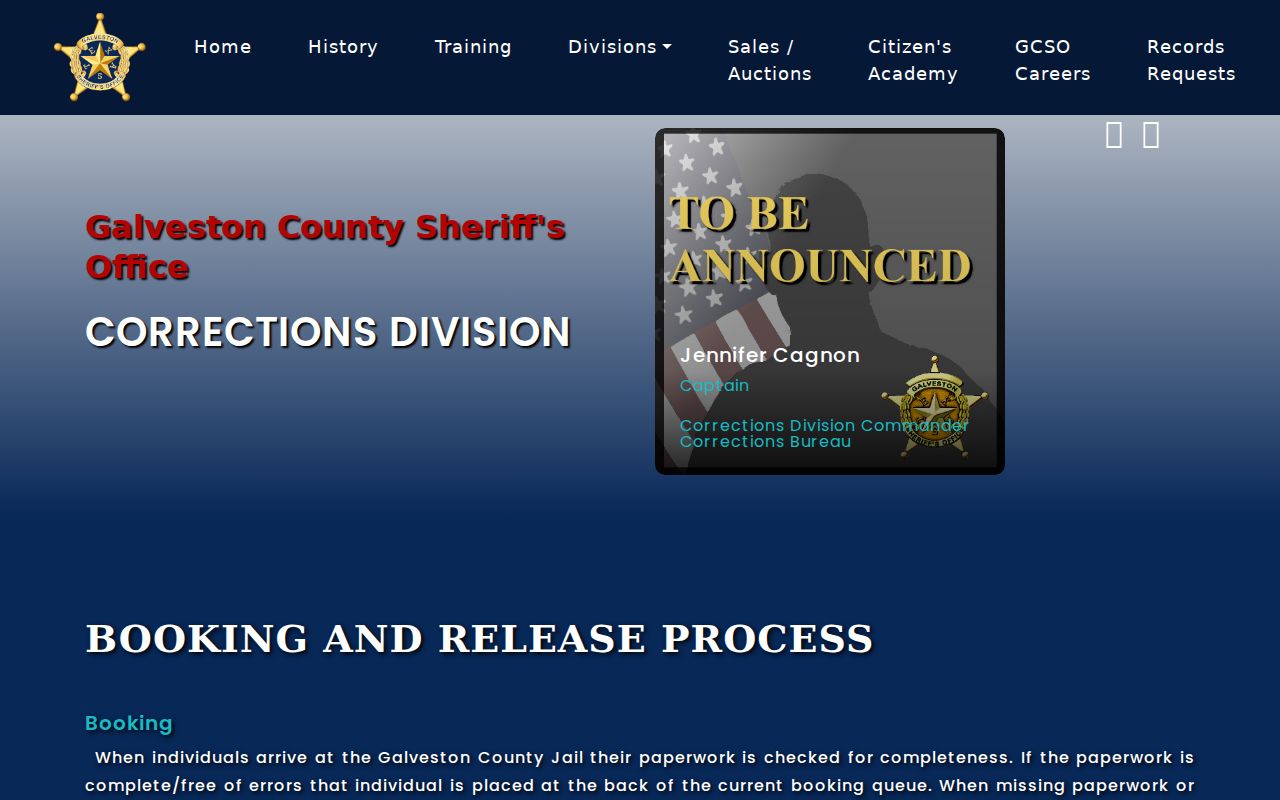 Galveston County arrest booking and release information from the county jail