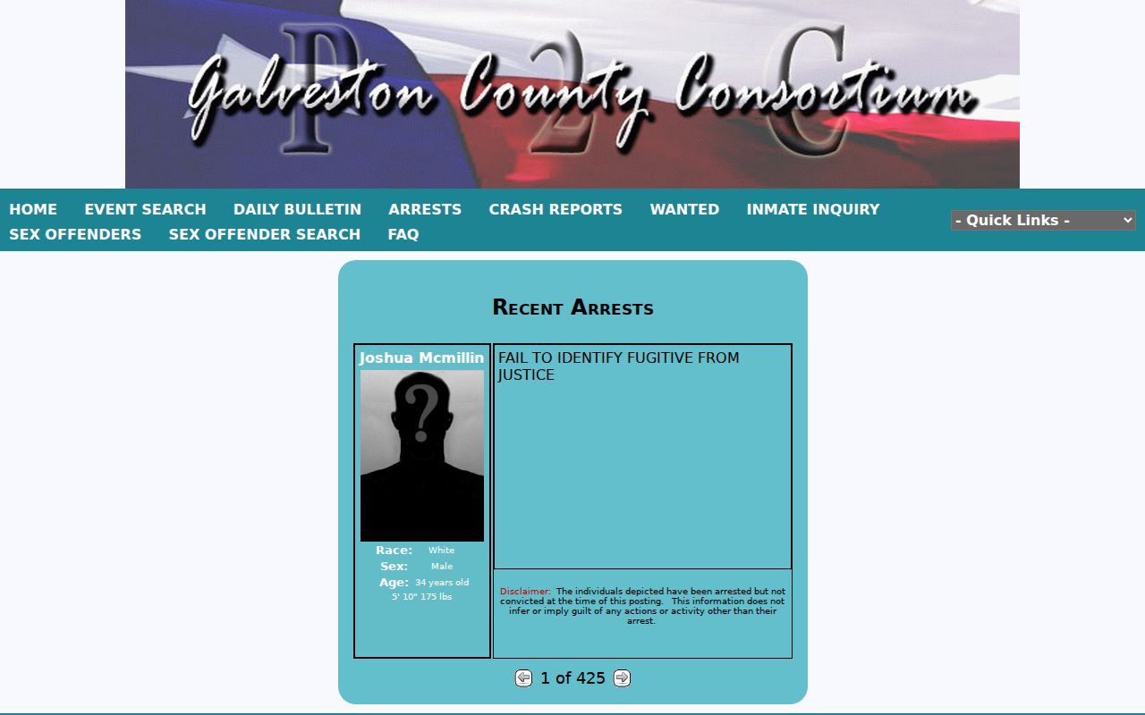 Galveston County arrest history search in the official P2C portal