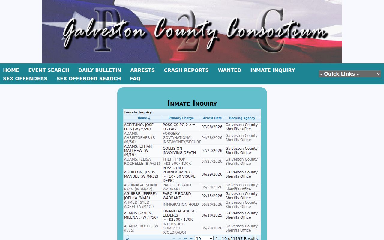 Galveston County arrest and current inmate inquiry form in P2C