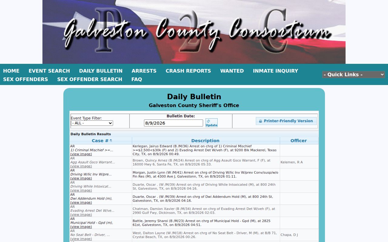 Galveston County arrest records in the official P2C Daily Bulletin
