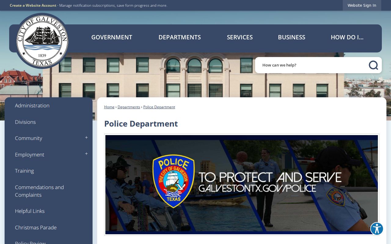 Galveston Police Department source for city criminal history records