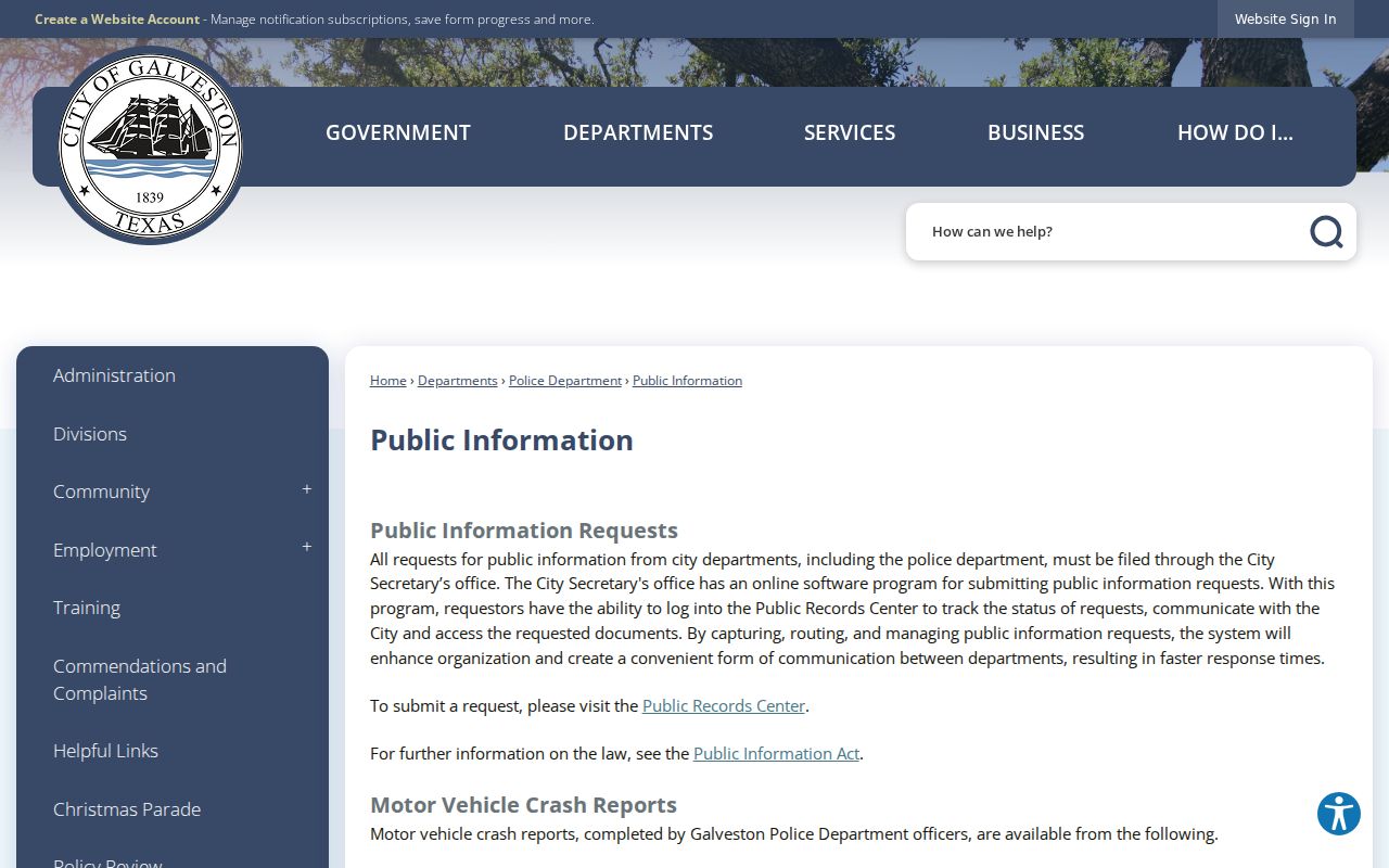 Galveston criminal history request through the city Public Records Center