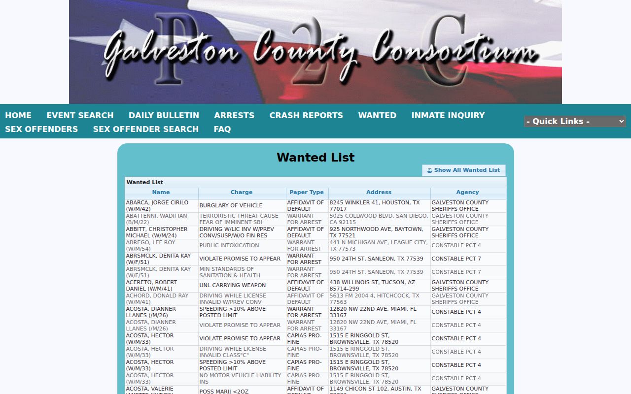 Galveston County criminal warrant wanted list on GCSO P2C