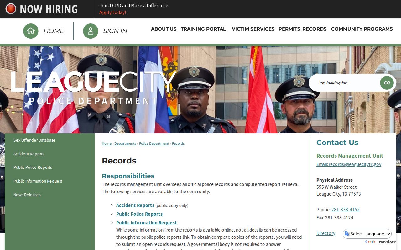 League City criminal history police records request page