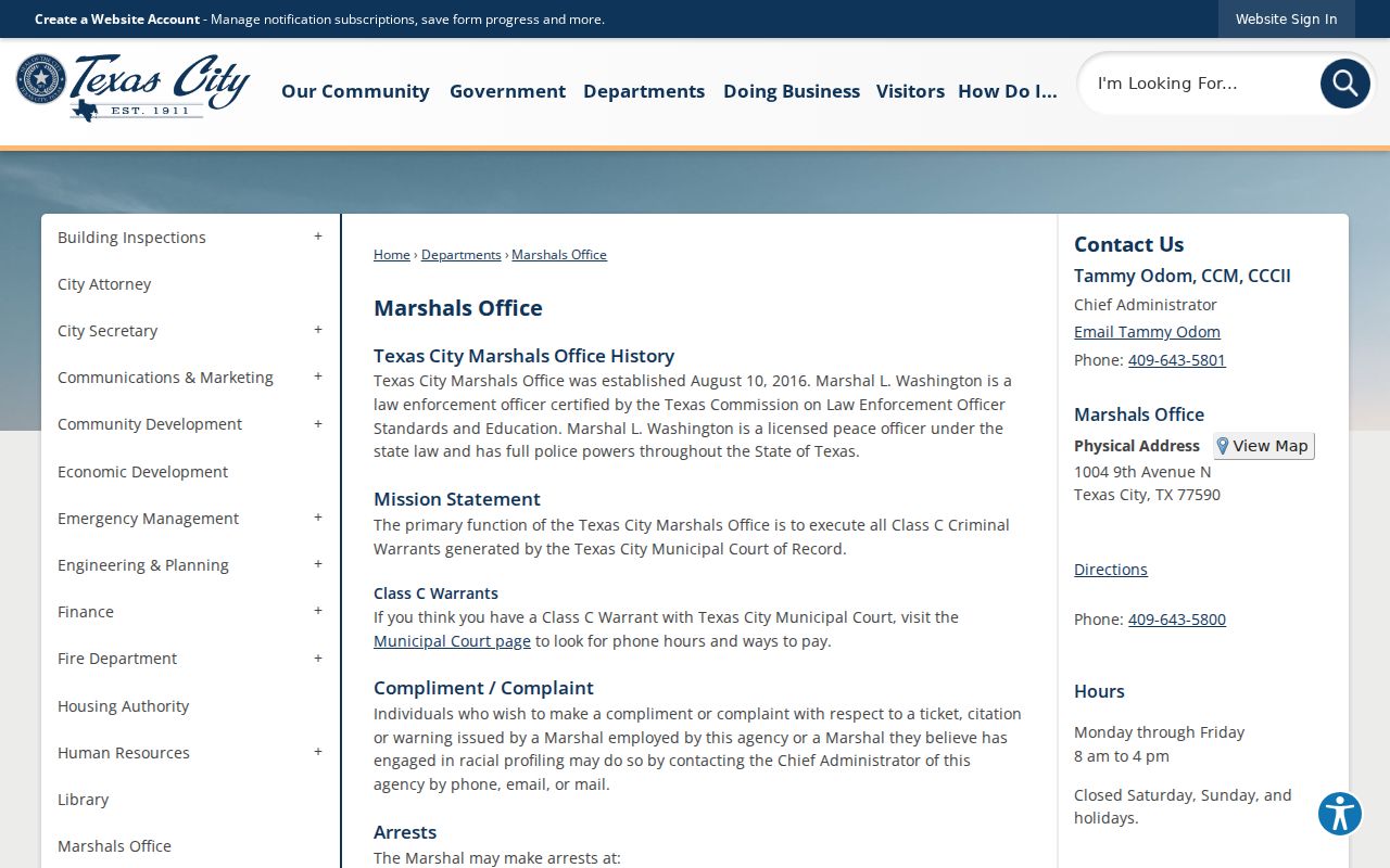 Texas City criminal history records and City Marshals Office